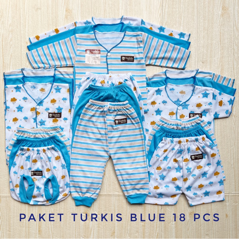 DADIDU BIRU TURKIS BLUE SERIES - 18 PCS Paket Baju Bayi Kekinian Celana Bayi Setelan Bayi Baju Bayi Newborn Baju Bayi Baru Lahir Baju Bayi / Paket Baju Bayi Newborn Celana bayi Paket Lengkap Baju Bayi / Perlengkapan Bayi Baru Lahir Kado Gift Set Baby