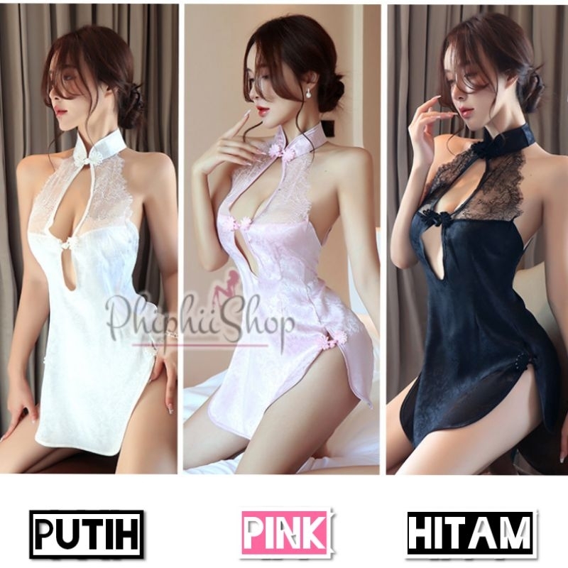 Cosplay Lingerie Cheongsam Qipao China Dress Kerah Renda Satin Hitam Putih Pink