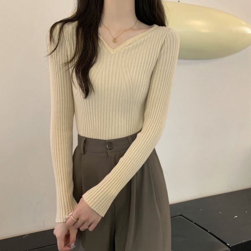 BAJU RAJUT IMPORT FASHION KOREA/ATASAN BAJU KOREA Knitwear Fashion Korean Crop Long Sleeve U-Neck Knit Top Atasan Korean Style Wanita