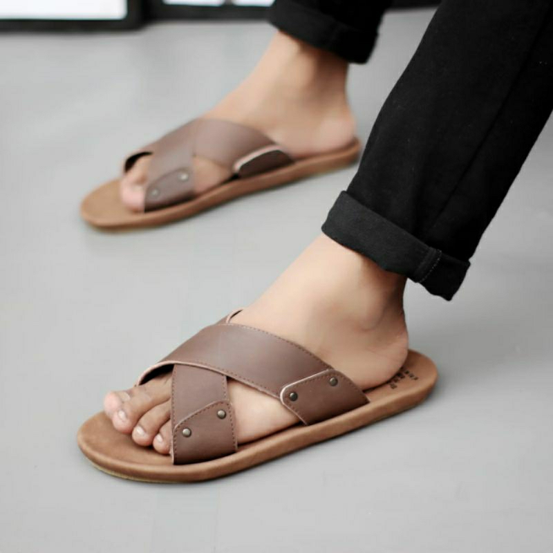 CEVANY XMIN Brown (KULIT ASLI) Sandal Pria Kulit Asli Sendal Slide Casual Original