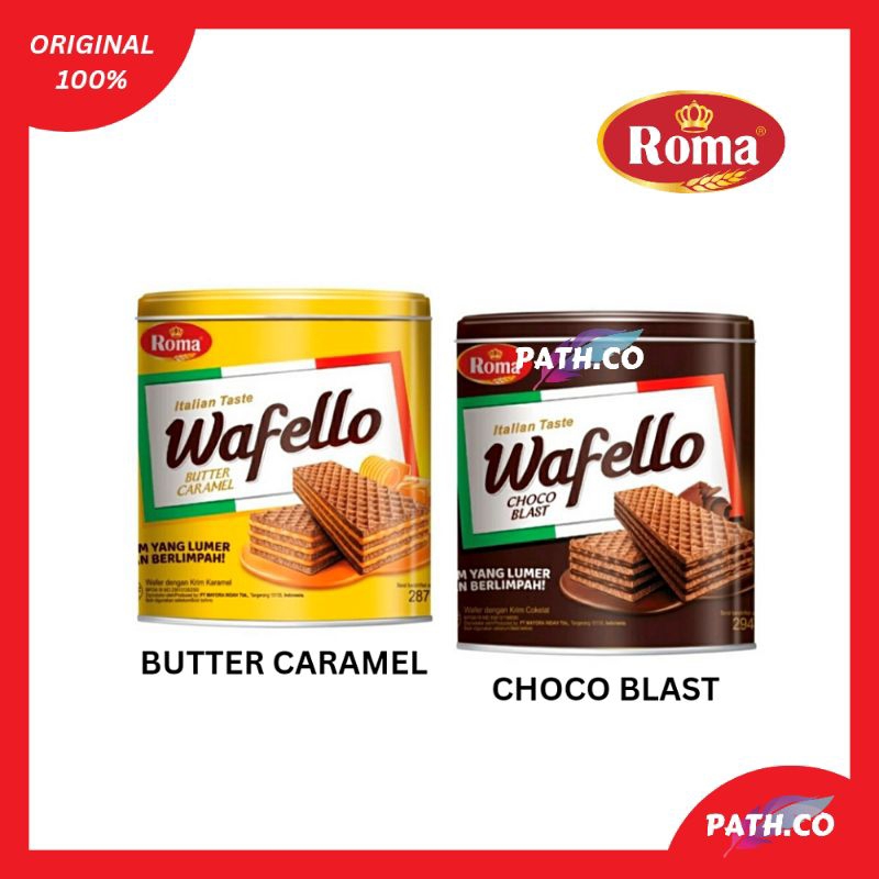 

Roma Wafello Wafer Italian Taste Kemasan Kaleng 228gr & 234gr | Wafello Butter Caramel / Choco Blast