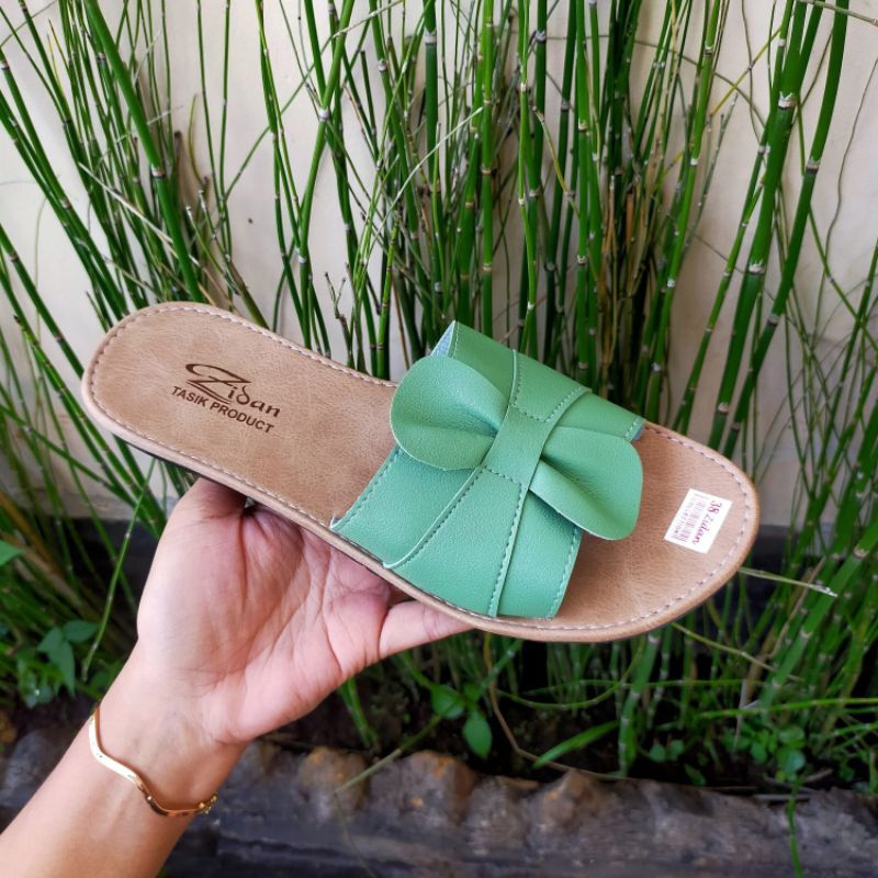 Sandal Teplek Wanita Papirut Motif Selop Daun SoL Karet Nonslip