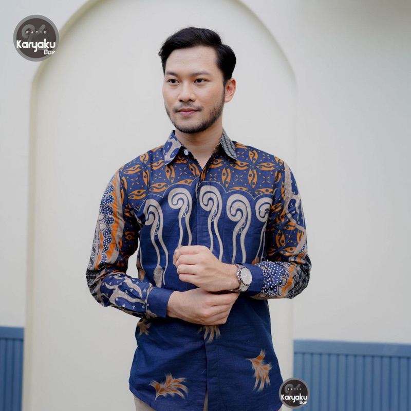 Atasan Tunik Batik Couple Kemeja Batik Pria Lengan Panjang - Motif Kris Navy