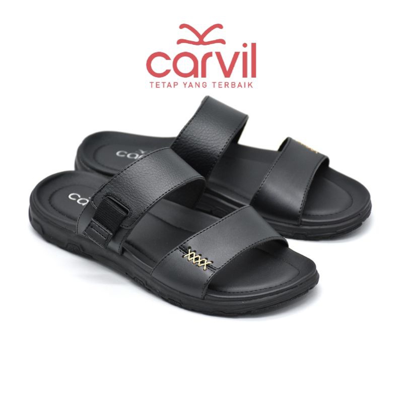 Sandal Carvil Pria Dewasa Sendal Cowok Original Ori Slide Slop Slip On Warna Black Hitam Matte Davy 