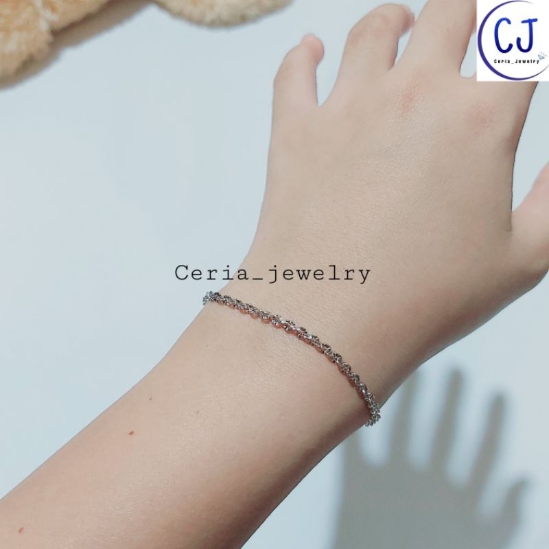 Gelang Perak Asli Silver 925 Lapis Emas Putih Rantai Nori Ukir - Gelang Perak Wanita Anti Karat - Perak Asli Murni 925