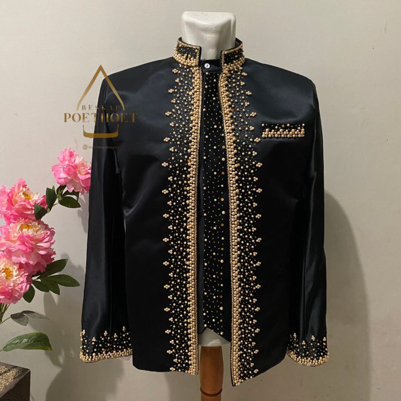 Jas pengantin basofi pengantin muslim / beskap pengantin pria / beskap bapak hitam payet gold set ce