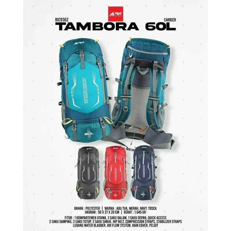 Tas Gunung / Carrier REI TAMBORA 60 Liter + Rain Cover || Keril / Tss Gunung Pria Wanita Original Ar