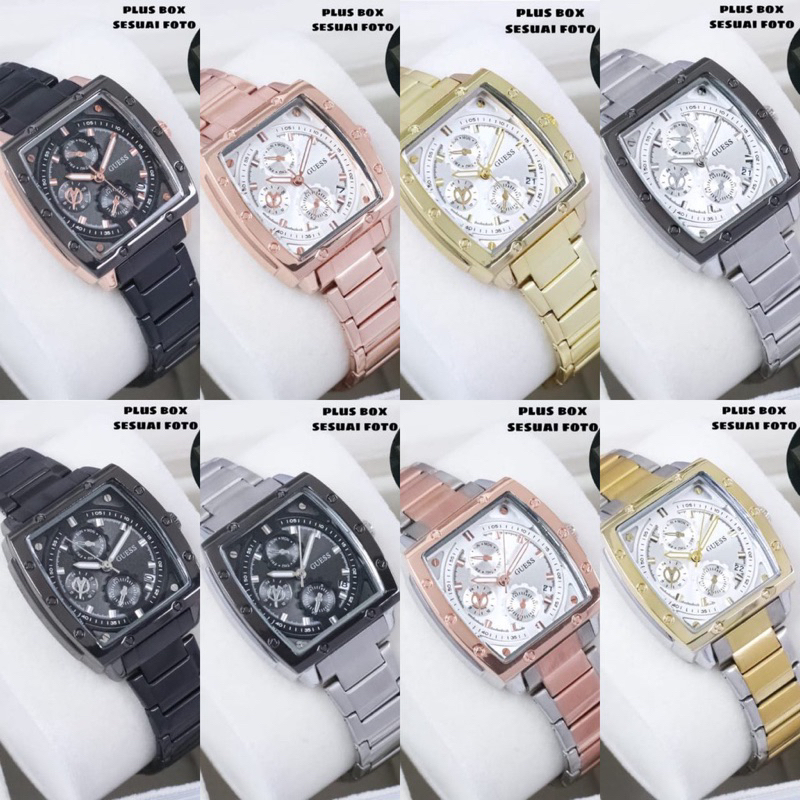 (Grosir)Jam Tangan Wanita Fashion Gues Kota Model AC Tanggal Aktif Crono Strap Rantai/Stell(COD)