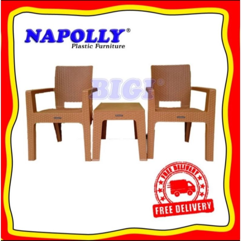 BIG SALE SET KURSI TERAS MOTIF ROTAN PLASTIK NAPOLLY ( 2 KURSI + 1 MEJA ) BY GOJEK