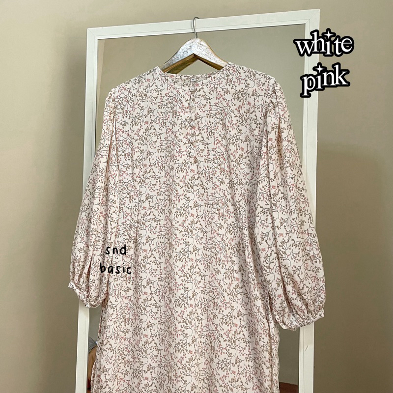 SHAKIRA DRESS | GAMIS MOTIF BUNGA KATUN FLOWER CRINKLE JUBAH ABAYA LEBARAN-white pink