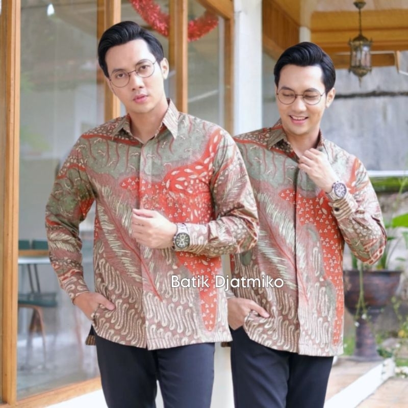 Kemeja Batik Wulu Abstrak Oranye Hem Batik Lengan Panjang Pendek Jumbo Regular