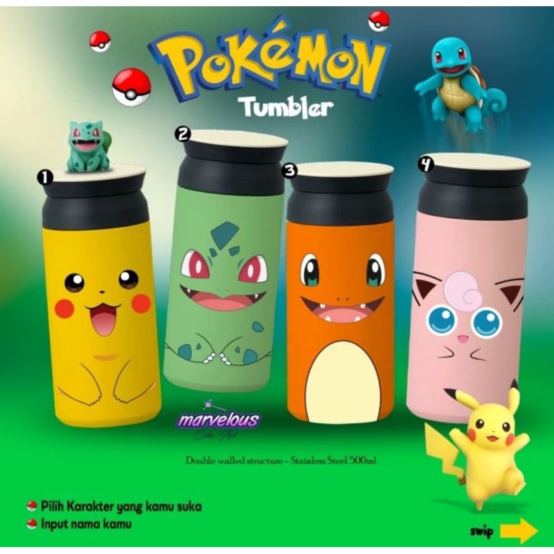 TUMBLER JAPAN CUSTOM POKEMON PIKACHU / CHARMANDER / BULBASAUR / JIGGLYPUFF / MEOWTH / GASTLY / VOLTO