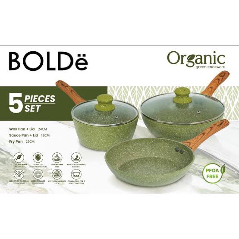 Panci Bolde ORGANIC GREEN PAN 5 pcs set  / Bolde Organic Green Cookware
