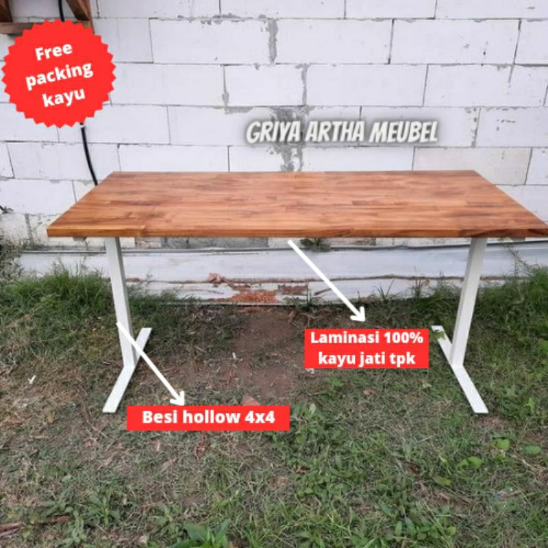 meja komputer laminasi kayu jati tpk kaki besi hollow