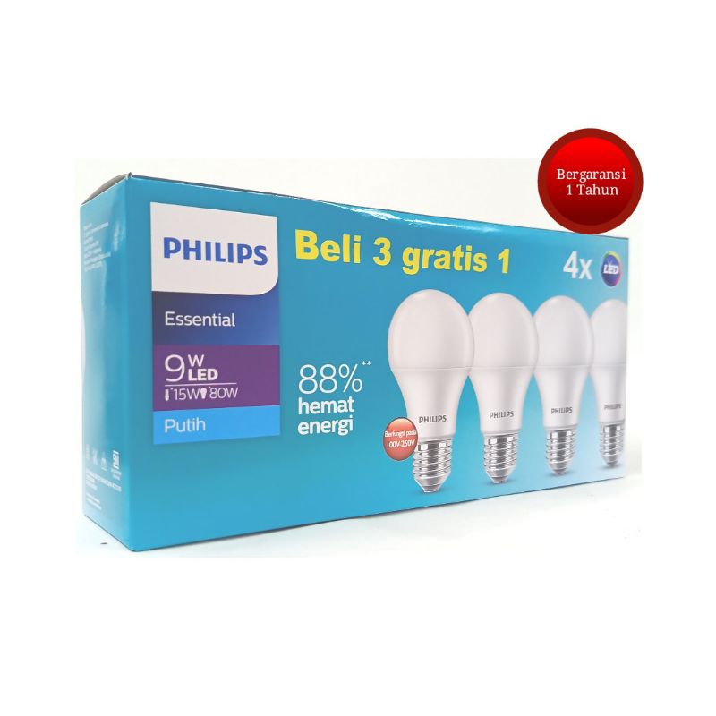 Lampu Philips Essential Multipack LEDbulb 9W 3 gratis 1