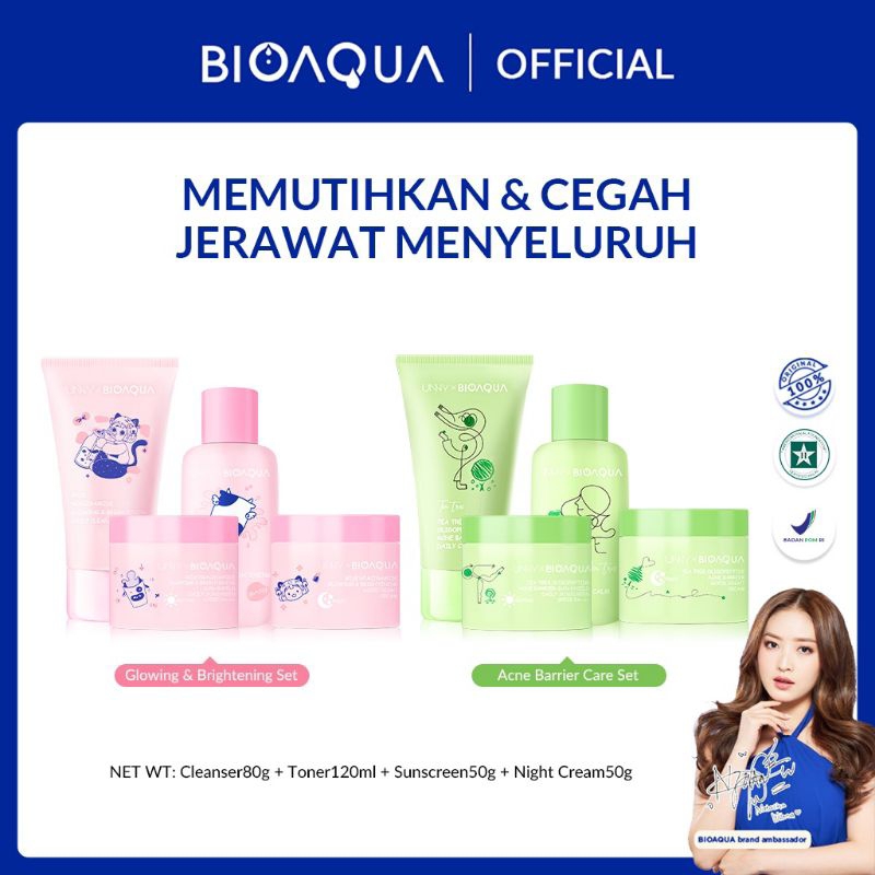 Bioaqua Skincare Anak Remaja Niacinamide Glowing Brightening &amp; Acne Set Oligopeptide Tea Tree  Milk