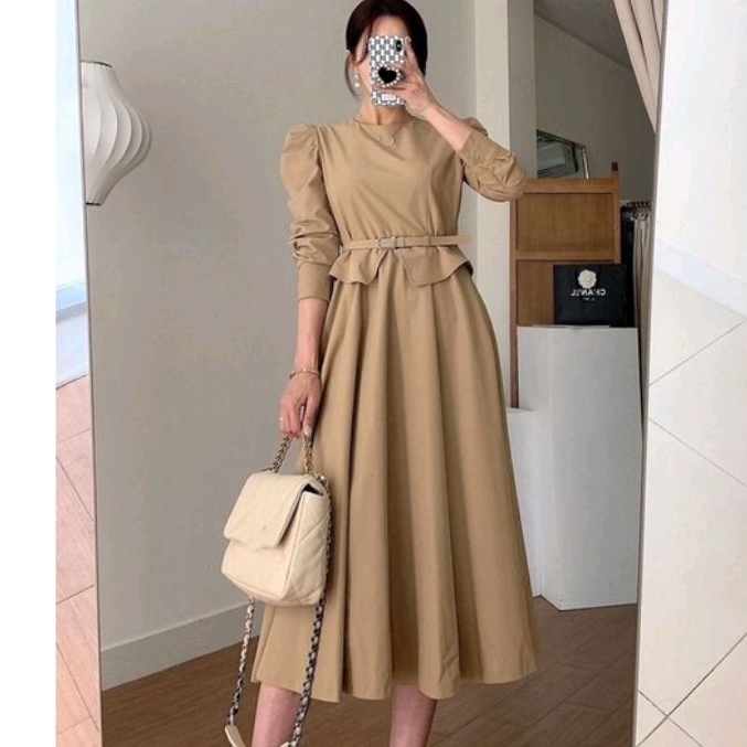 62522 (FreeBELT) Baju mididress MIDI DRESS mocca hitam polos dres Korea Korean style wanita premium 