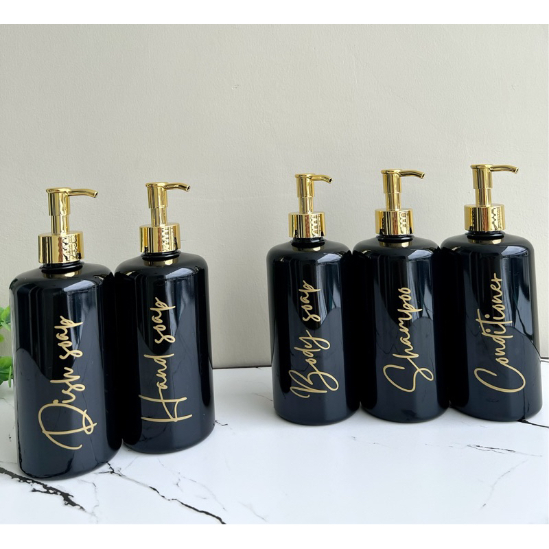 botol  HITAM GLOSSY N24 &amp; N28 500ml gold LUXURY. aesthetic bottle minimalist refill organizer tempat sabun cair pump estetik