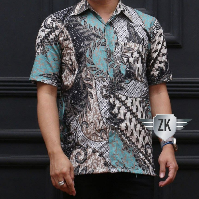 KEMEJA BATIK PEKALONGAN MODEL LENGAN PENDEK WARNA TOSCA UKURAN M L XL XXL