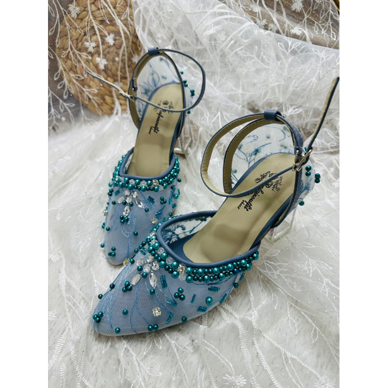 sepatu Zaneta wedding iceblue wanita 7cm kaca