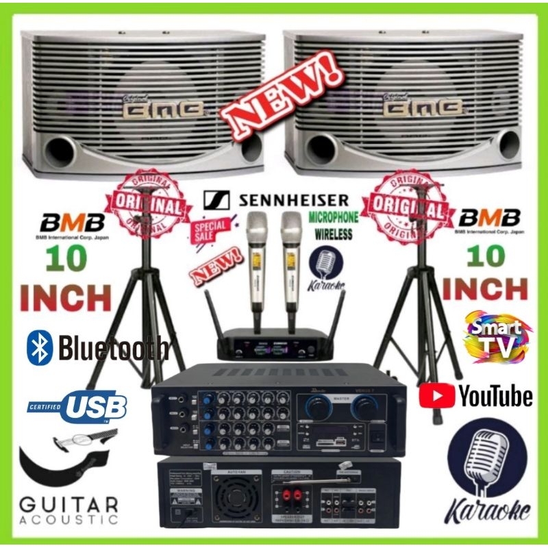 Paket Karaoke BMB 10 inch Ampli Bluetooth Connect Smart Tv Mic Wireless dua Handheld