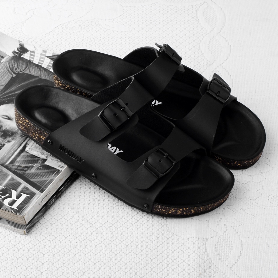 Yuno Full Black | Sandal Slop Kulit Original Ori Santai Kasual Casual Distro Pria Wanita Cowok Cewek Sendal Footwear | FORIND x Story of Monday