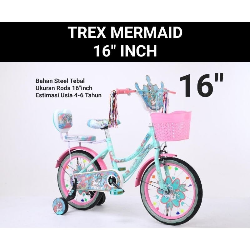 SEPEDA ANAK MINI KERANJANG TREX MERMAID 16 INCH USIA 4-6 TAHUN SEPEDA MINI ANAK 16INCH RODA BANTU RODA SAMPING