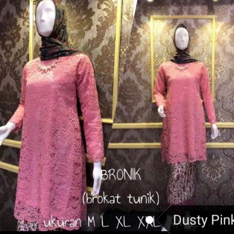 SETELAN KEBAYA TUNIK BROKAT + ROK PLISKET BATIK PANJANG DEWASA UKURAN JUMBO BAJU KEBAYA WANITA MUSLI
