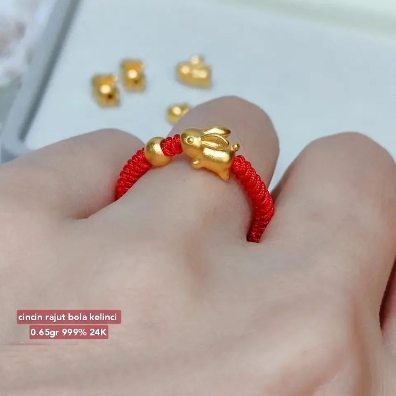 cincin rajut tali cina charm baby mini kelinci rabbit shio fengxui variasi emas asli 24k 999 hongkong