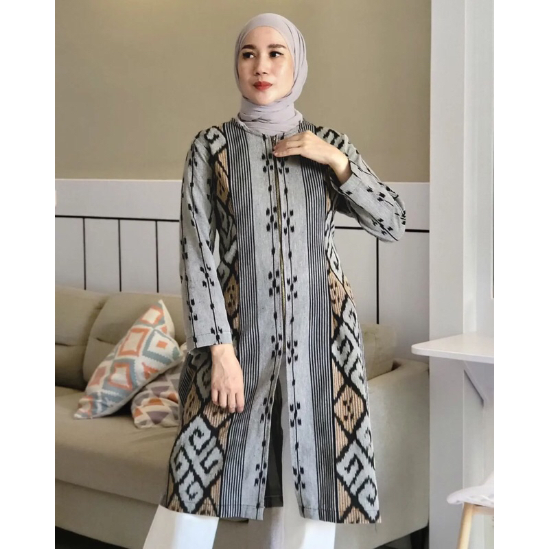 TENUN_GAYA Tunik tenun terbaru motif Toraja abu2 fashion wanita baju tenun jepara etnik outer tenun