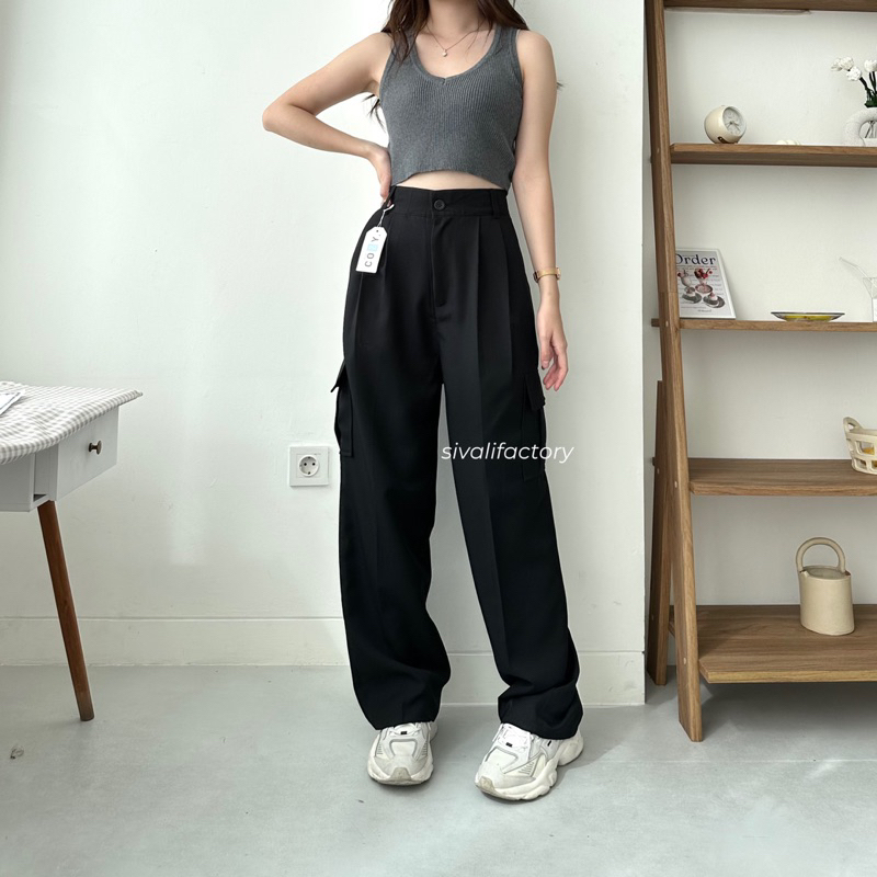 SIVALI Zoya Cargo Pants - Highwaist Loose Cargo - Celana Kargo Wanita - Baggy Pants