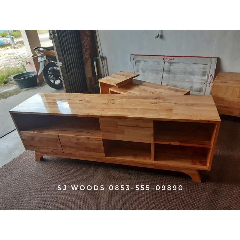 Meja tv kayu solid finger joint