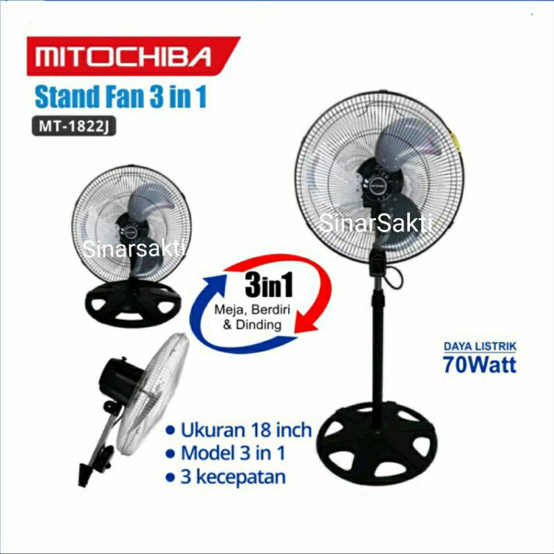 Mitochiba Kipas Angin Besi Tornado Mito Remote Berdiri 3 in 1 Tempel Dinding 1822SR 18 Inch 18&quot;