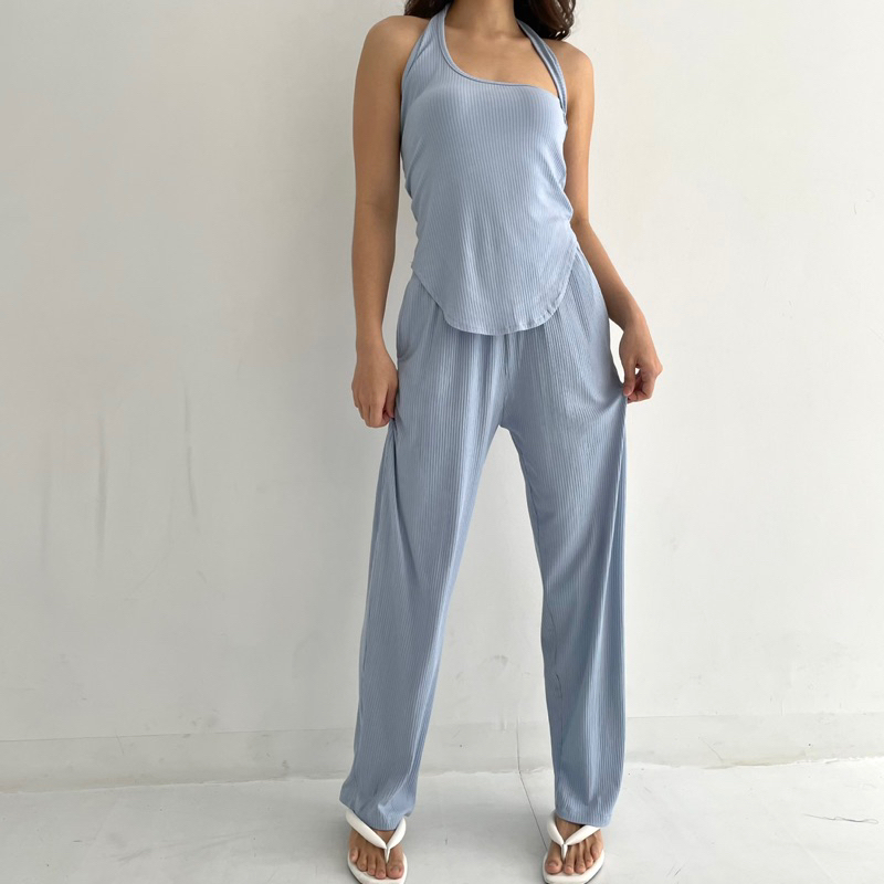 RIO SET | Setelan Wanita Assymetric Ribbed Knit Set Tanktop Assymetric Celana Panjang Highwaist Highwaisted Pants Aesthetic Rib Set Summer