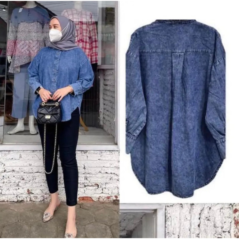 Kemeja Wanita Jeans Snow Oversize Atasan Wanita Jumbo LD 120 Lengan Panjang Full Kancing Terbaru