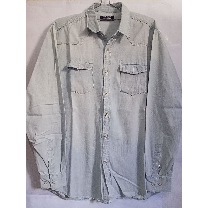 Kemeja Denim Tebal Merek J&Molls Warna Biru Muda Tie Dye Putih Tebal Lengan Panjang