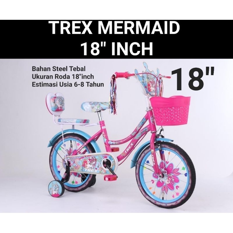 SEPEDA ANAK MINI KERANJANG TREX MERMAID 18 INCH USIA 6-8 TAHUN SEPEDA MINI ANAK 18INCH RODA BANTU RODA SAMPING