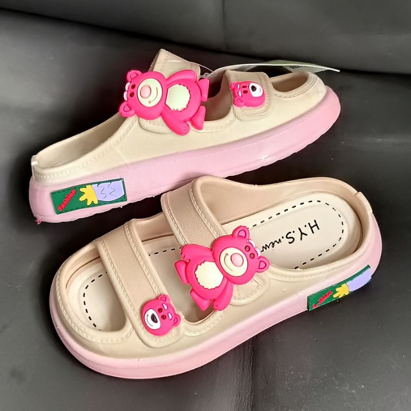 Sandal anak perempuan HYS Original Ban 2 size 24-29 Sandal import anak wanita Sendal trendy Selop doble ban Cute motif Lotso bear