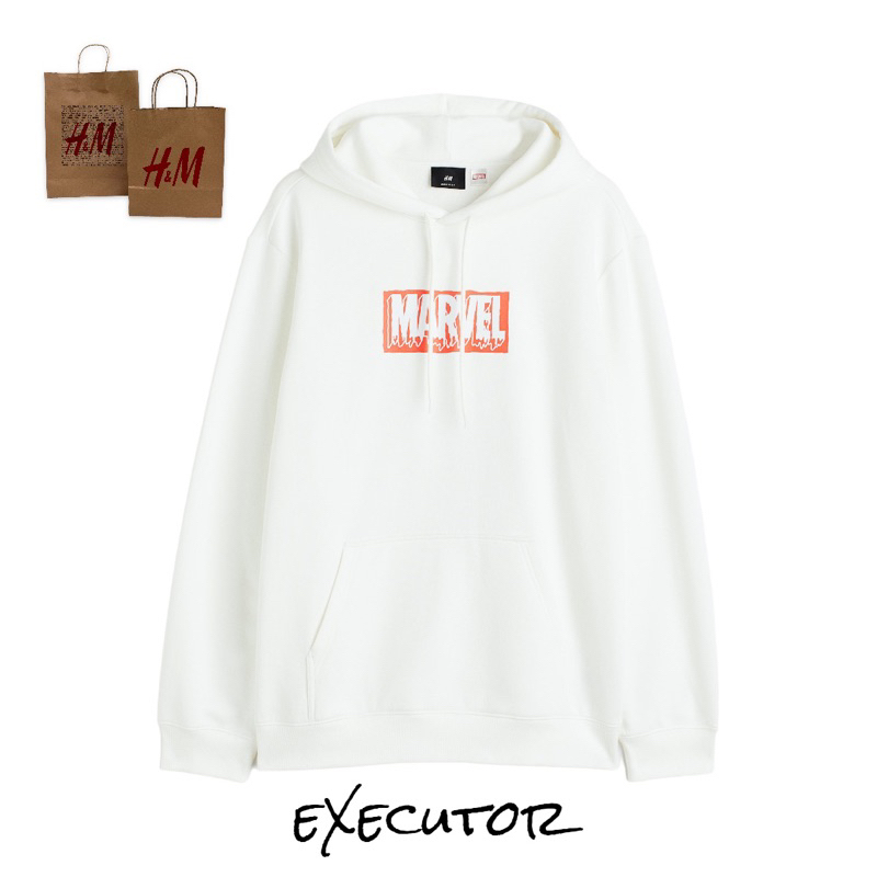 ( 8.8 ) Hoodie H&amp;M Unisex Marvel Sablon White Putih, Flecee Katun Lembut, Free Papperbag