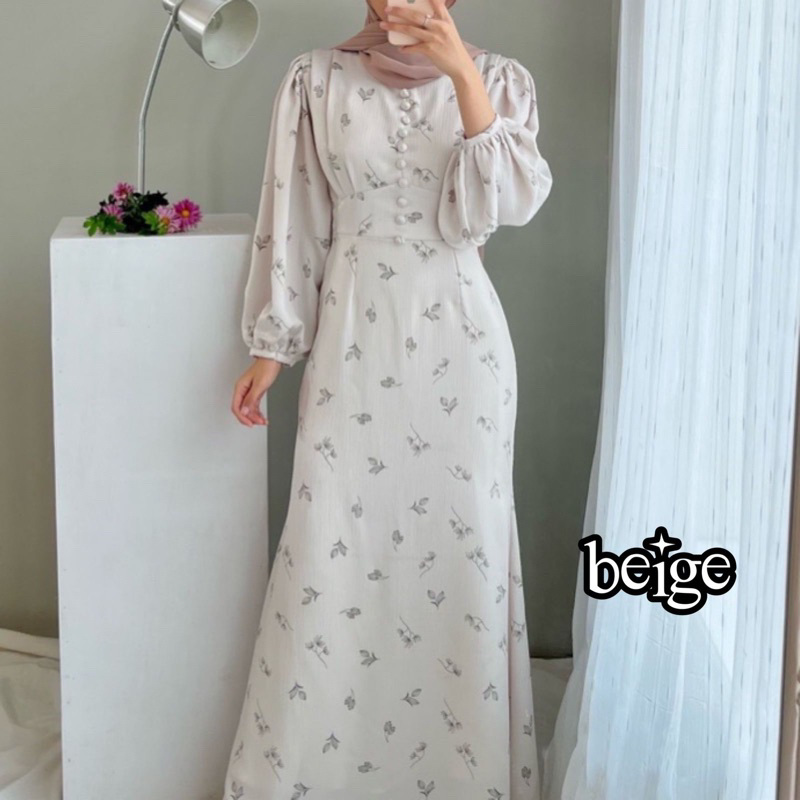 SHAKIRA DRESS | GAMIS MOTIF BUNGA KATUN FLOWER CRINKLE JUBAH ABAYA LEBARAN-beige