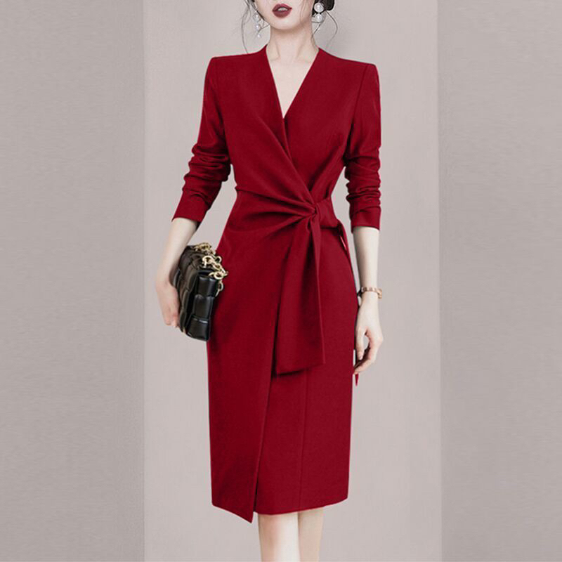 rose red blazer wrap dress office look
