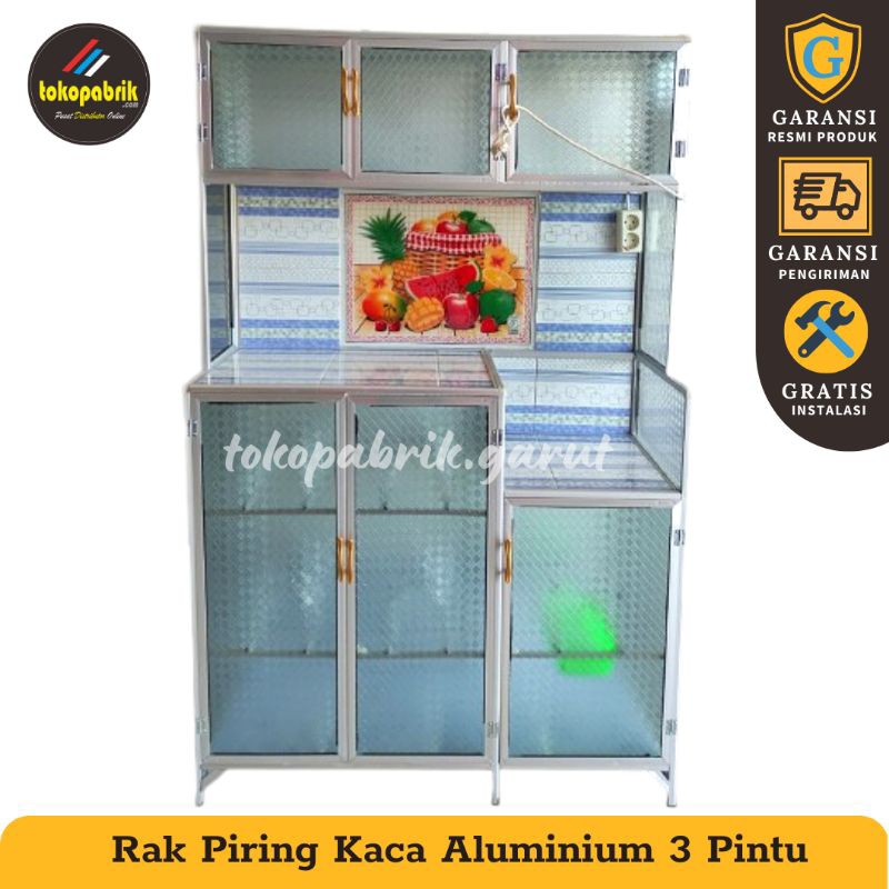Rak Piring 3 Pintu - Rak Piring Kaca Aluminium - Rak Dapur Minimalis Termurah Garut
