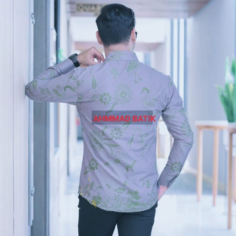 KEMEJA BATIK PRIA BUNGA ANGSA ABU2 HIJAU SILMITI LAPIS FURING