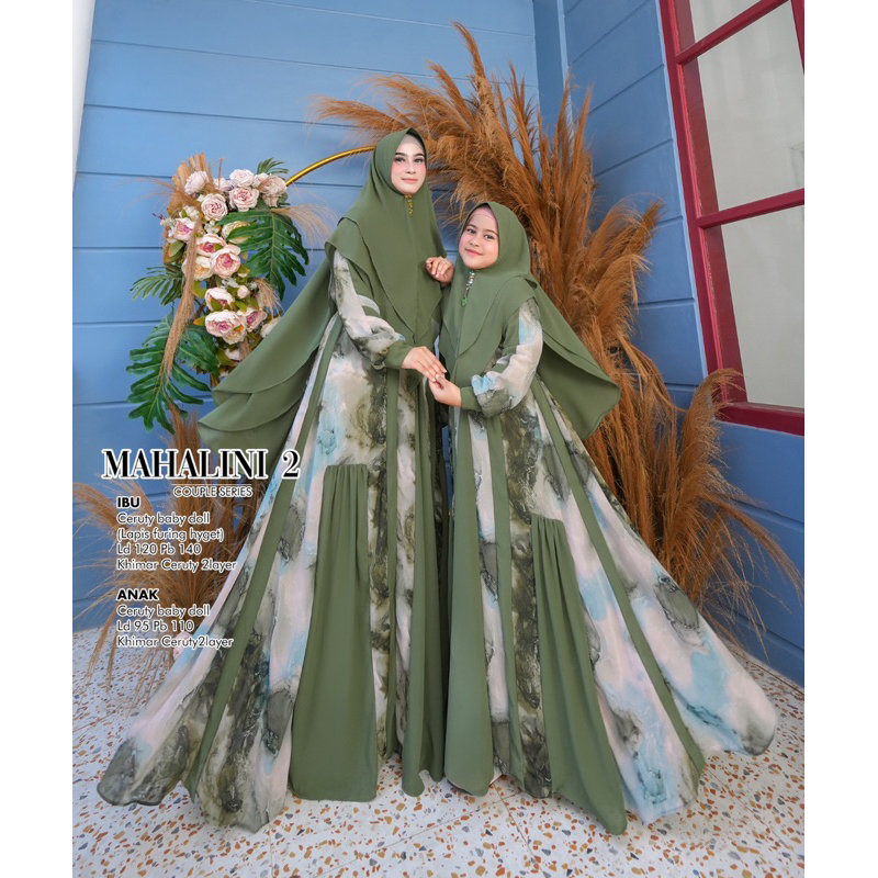 Humaira99 Gamis syari couple Mahalini 2 bahan ceruty babydoll printing Gamis couple keluarga Ibu&Ana