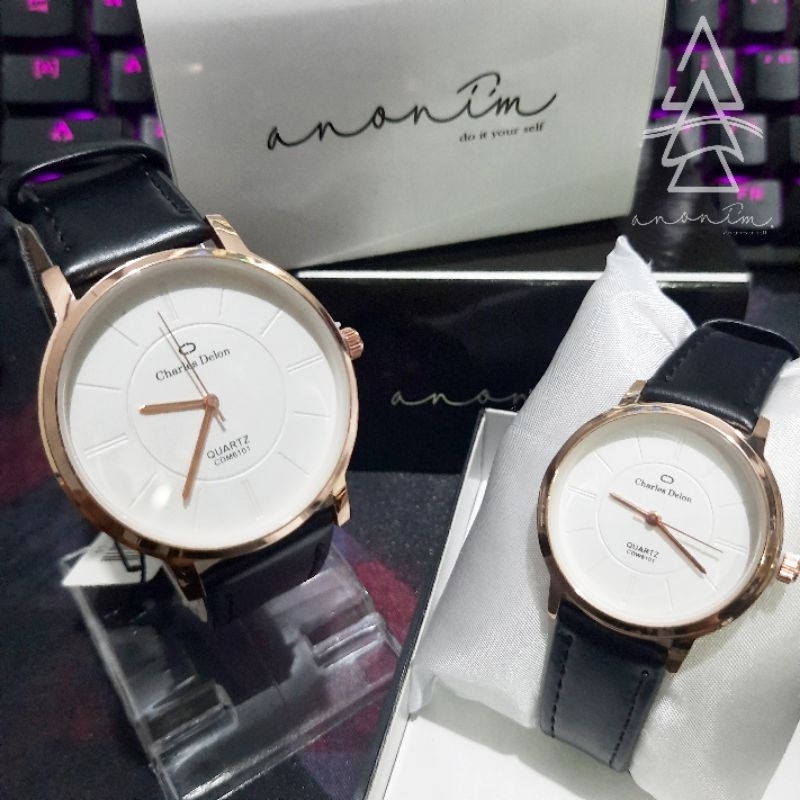 Jam Tangan Couple Original Charles Delon Kulit Free Box Kotak