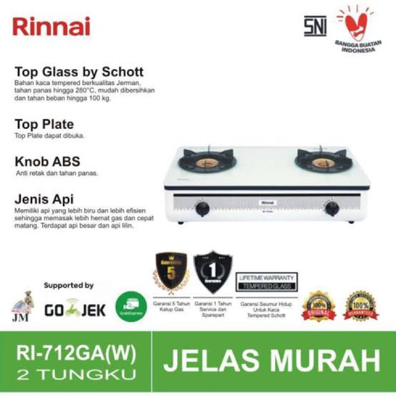 Kompor Rinnai RI 712 GA B / Kompor Mewah Kaca Rinnai 2 Tungku 712 GA White Putih / Hitam