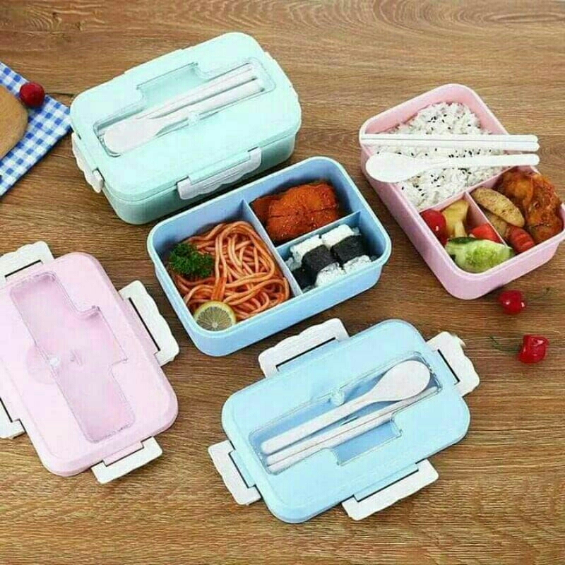 Lunch Box Set Kotak Bekal Makan Jerami Gandum kotak makan  ​1000ml 4 In 1 Free Sendok Tempat Makan