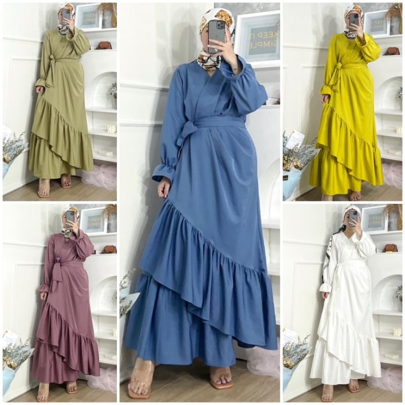 ♡ PREMIUM ♡ ORIGINAL ! YUNITA GAMIS DRAPPERY ASYMMETRIC BOTTOM RUFFLE MAXI DRESS ( HIJAB FRIENDLY )