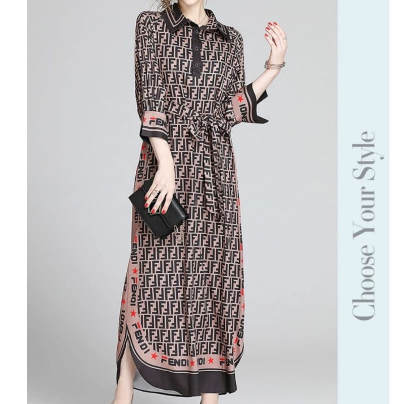 06610 Baju maxidress longdress Maxi dress coklat motif mewah dres Korea Korean style wanita premium 