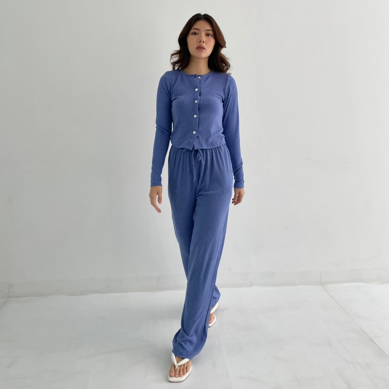 SEOUL SET | Setelan Wanita Ribbed Knit Cardigan Set Lengan Panjang Celana Panjang Highwaist Highwaisted Pants